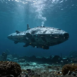 underwater enviroment with a crashed alien ship in the background , unreal 5, hyperrealistic, realistic, photorealistic, dynamic lighting, highly detailed, cinematic landscape, studio landscape, studio lighting