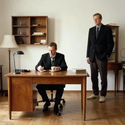 man in desk with coffee and black suit by leyendecker and dean cornwell, 5 feet distance from the camera, 6 0 ´ s furniture