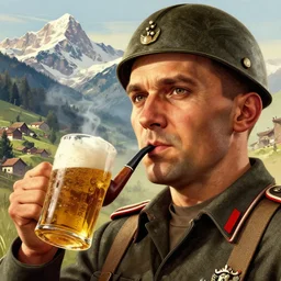 detailed - face!!!, highly detailed german ww 2 propaganda poster of german 1 9 4 0 s soldier drinking beer and smoking a pipe, the alps are in the background, in gta v, stephen bliss, unreal engine, fantasy art by greg rutkowski, loish, rhads, ferdinand knab, makoto shinkai and lois van baarle, ilya kuvshinov, rossdraws, tom bagshaw, global illumination, radiant light, detailed and intricate environment