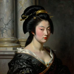 a baroque neoclassicist portrait of a retrofuturistic geisha assassin head and shoulders, large marble architecture in background. renaissance portrait painting. highly detailed science fiction painting by norman rockwell, frank frazetta, and syd mead. rich colors, high contrast, gloomy atmosphere, dark background. trending on artstation