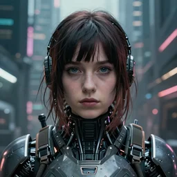 cinematic portrait of phoebe bridgers as a mech pilot, cyberpunk city background, full face portrait, centered, symmetrical face, atmospheric lighting, intricate, volumetric lighting, cyberpunk, concept art, sharp focus, ultra detailed, concept art by marc simonetti and dan mumford. featured on artstation
