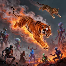 tiger made of smoke, ettin, lava and fire flying in the sky ; cat flying in the sky ; panther flying in the sky ; humans being devoured ; aliens, robotic machines, gods, bio - mechanical intelligences, glitch creatures, dmt entity ; lsd art, trending on artstation, style greg rutkowski