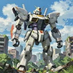 A giant battle mecha in city ruins, overtaken by vegetation, highly detailed, by Makoto Shinkai and Raphael Lacoste, nostalgic vibe