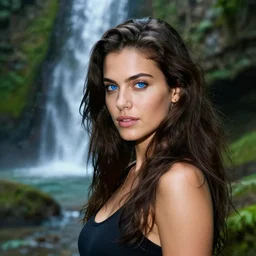 A beautiful blue-eyed brunette woman, amazon forest and waterfall in the background