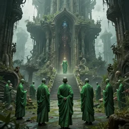 a group of green monks and a beautiful, vast, photo - realistic, surreal, and mysterious sci - fi structure. trending on gothic art.