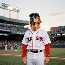 the red sox left fielder, a golden retriever dog wearing sunglasses, full uniform, baseball shirt and hat, looks up wistfully and bravely at the sky in fenway park, pulitzer prize winning photo, 2 5 mm portra, film grain, diffused light, sunset
