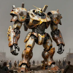 an intricate matte painting of a giant armored plated metal mecha, crowd of people, by simon stalenhag, rust, yellow and black trim, trending on artstation, hdr, 8 k