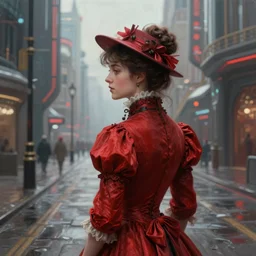portrait of a victorian lady in a futuristic city, from behind, streets, beautiful, red, highly detailed, digital painting
