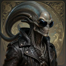 an alien from the movie aliens wearing sunglasses and a leather jacket, photography of kurzgesagt, deep focus, d & d, fantasy, intricate, elegant, highly detailed, digital painting, artstation, concept art, matte, sharp focus, illustration, hearthstone, art by artgerm and greg rutkowski and alphonse mucha