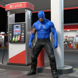 breathtaking photo realistic photo of professional wrestler cm punk painted blue outside a gas station, depressing, saturated colors, digital art, autodesk maya, cinema 4 d, hyperrealism