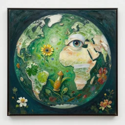 compressed flowers, morphed earth, ridiculed bandages, changed eye color, subliminal time travel, impossible food, concept love, valued at 2 million yen, museum - quality oil painting, traditional art, museum - quality oil painting. japanese artwork. mechanical green shiny world. world. world. world.
