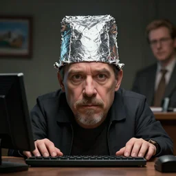 hyperrealistic mixed media image of info wars alex jones at desk wearing tin foil hat, stunning 3 d render inspired art by xiang duan and thomas eakes and greg rutkowski, perfect facial symmetry, hyper realistic texture, realistic, highly detailed attributes and atmosphere, dim volumetric cinematic lighting, 8 k octane detailed render, post - processing, masterpiece,