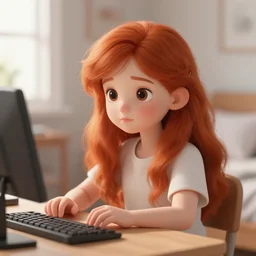 cute young redhead girl sitting at her desk in bedroom, soft round face, digital painting, wlop, ultra realistic, perfect lighting, high contrast, bokeh, hasselblad, detailed, trending on artstation