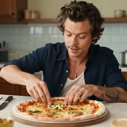 a realistic photo of Harry styles making a pizza, ultra realistic