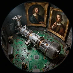 fisheye photo of abandoned spacestation, motherboard chip circuit, baroque portrait painting, detailed octane render trending on artstation artgerm, 8 k artistic photography, volumetric cinematic perfect light, chiaroscuro, masterpiece, raphael, caravaggio, beksinski, rutkowski, giger