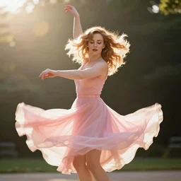 portrait of christina hendricks dancing swirling in the morning sun - rays, pink clothes