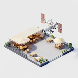 isometric view of a plaza area with a open air restaurant at the side, on a space station, from a lucasarts space themed point and click 2 d graphic adventure game, art inspired by thomas kinkade