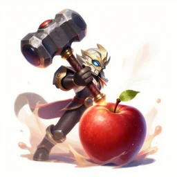 League of legends champion splashart of a magical hammer hitting a red apple