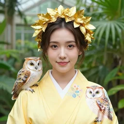 symmetry!. portrait photograph of an extremely beautiful!!!! young female. symmetric face!. shallow focus!!!. round detailed eyes!!, slight smile. natural light. wearing a yellow!!!!!! kimono!! with a very detailed barn owl! on her shoulder in a tropical greenhouse. looking at the camera!!. golden crown!! made of golden leaves on her head. super resolution. extremely detailed face.