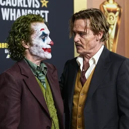 A still of Johnny Depp talking with The Joker on a premiere, 4k, highly detailed, photograph, photoreal, professional lighting, promo shoot, award winning