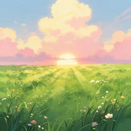 green lush Field with beautiful flowers, aesthetic, calming, pink and yellow clouds in the sky, brightly illuminated by rays of sun, Clouds backlit by the sun, sunset ,artstation, colorful sylvain sarrailh illustration, by peter chan, day of the tentacle style 1024x768