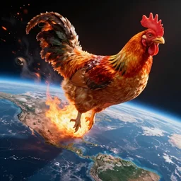 a gigantic flaming chicken flying through space burning hitting earth's atmosphere, photograph from space, plant earth extinction - n 4