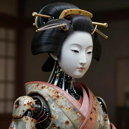 portrait of a slightly rusty japanese robotic geisha with wires and actuators, porcelain white face, dramatic lighting, hyper - realistic, ultra - realistic, intricate details, 8 k ultra high definition, octane render