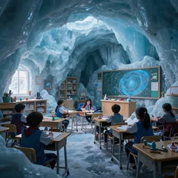 elementary school classroom inside an ice cavern, uncanny, award winning, 4 k