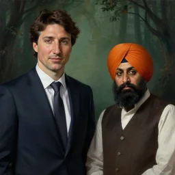 Justin Trudeau next to Jagmeet Singh, pictured in the american gothic painting, concept art, sharp focus, highly detailed digital painting by Grant Wood, artstation