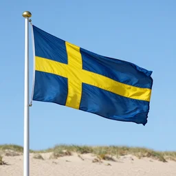 a Swedish flag on a flag pole flapping in the wind on sandhamn