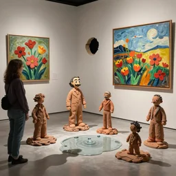 plasticine sculpture stop motion. salvador dali clay models. visitor. shadows. gallery paintings of flowers. water on the floor. room with a hole in wall. john craxton. high detail. photorealistic