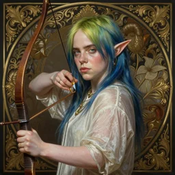 Billie Eilish as a fantasy elf with a bow and arrow, portrait, fantasy, intricate, elegant, highly detailed, digital painting, artstation, concept art, smooth, sharp focus, illustration, art by artgerm and greg rutkowski and alphonse mucha