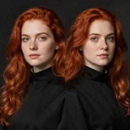 symmetrical portrait of a stocky redheaded woman cleric