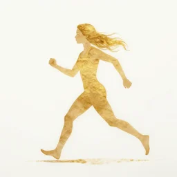 beautiful serene runner, healing through motion, life, uplifting, minimalistic golden and ink airbrush painting on white background