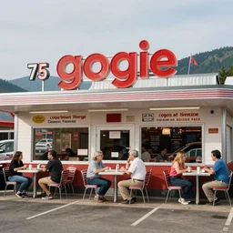 1 9 7 5 googie oregon columbia river gorge themed classic american diner, people sitting at tables, googie architecture, two point perspective, americana, restaurant exterior photography, hd 4 k, taken by alex webb