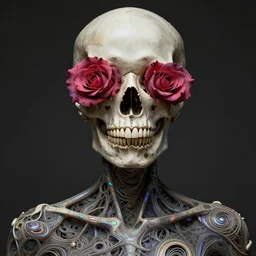 portrait of a female skull with roses instead of eyes. roses, intricate abstract upper body intricate artwork, by zdzislaw beksinski tooth wu, wlop, beeple, dan mumford. concept art, octane render, deviantart, greg rutkowski, cinematic arthouse, key art, hyper realism, iridescent accents
