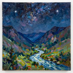 Realist colorful impasto painting of the Salmon River mountain valley at midnight by John Harris, stars and galaxies in the dark sky, 4k scan, oil on canvas, visible brushstrokes