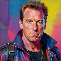 arnold schwarzenegger as an apocalyptic scifi orcish biker character, psychedelic vibrant colors, futuristic punk rock fashion, oil painting by michael whelan art, perfect face, sharp focus, detailed eyes, realistic, 8 k