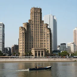 a man on a small boat on a river with fractal city by mandelbrot neoclassical architecture, ancient high buildings, highly vertical classical skyscraper, leica sl 2 3 5 mm