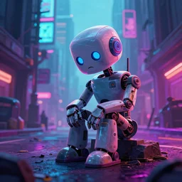 a sad robot in a street of a post apocalyptic city, digital art, neon colors