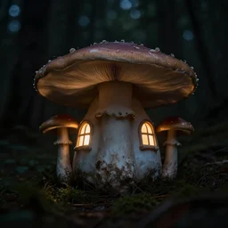 A mushroom house, light coming from the windows, in a dark forest, macro, underexposed, overecast, mysterious matte painting by greg rutkowski and marc simonetti and Ivan Shishkin