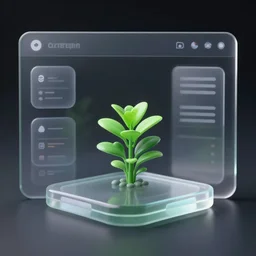 a realistic visual of futur user interface, little green plant, opaque glass, glass morphisme, ui, 3 d design, futuristic, ultra detailed, colorless, deeper shadows, 4 k, unreal engine,