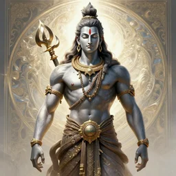 perfectly centered full figure portrait of hindu god lord shiva, mythological armour, muscular! cyberpunk, intricate, elegant, highly detailed, digital painting, artstation, concept art, sharp focus, illustration, art by artgerm and greg rutkowski and alphonse mucha, bright natural light