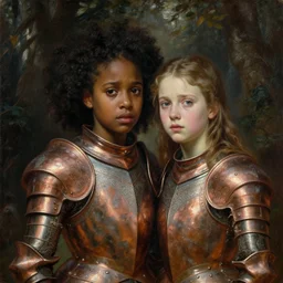 a detailed, beautiful portrait oil painting of someone who looks a 1 8 - year old keisha castle hughes and gemma ward, with a hurt expression, wearing intricate, etched copper armor in an ancient forest, by donato giancola, john williams waterhouse, and william adolphe bouguereau