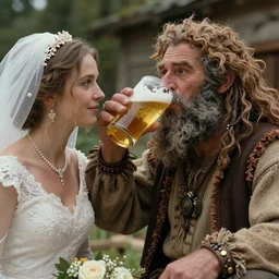 caveman getting married drinking a beer in real life, intricate, highly detailed, detailed, hyper realistic, 4 k, 8 k uhd, realistic, great detail