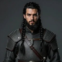 attractive young male dwarven warrior with a long black braided beard wearing chainmail armor, character portrait, concept art, intricate details, highly detailed photorealistic portrait in the style of adam hughes, seseon yoon, artgerm and warren louw