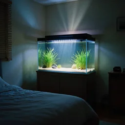 a bedroom with an aquarium behind the headboard, rays of light from the television on at midnight, calm environment, cinematic lighting, glare
