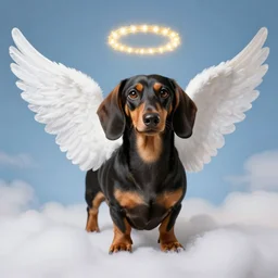 a daschund dog with angel wings in heaven