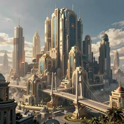 massive siconolfini style colossal cityscape bridge with retro futuristic neo - tokyo art nouveau fantasy realm sci - fi lifelike maximalist hyperrealism beautiful day
