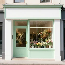 A photo of a quaint flower shop storefront with a pastel green and clean white facade and open door and big window.